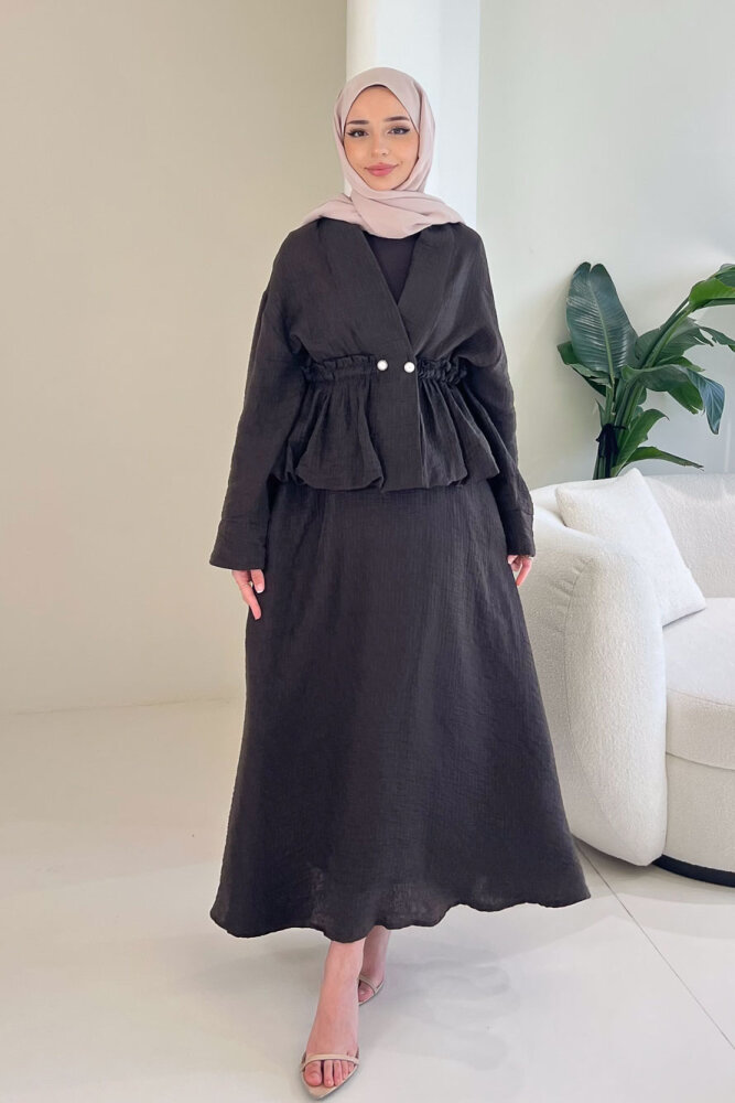 İnci Düğme Detaylı Etek Takım - Kahverengi - 4