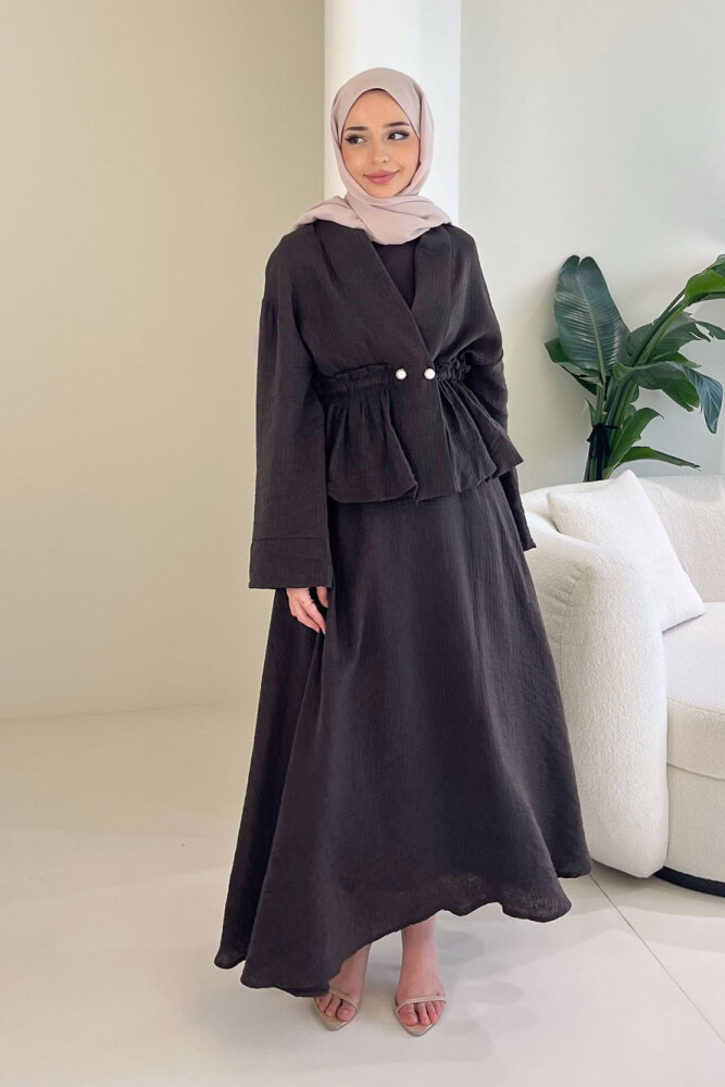 İnci Düğme Detaylı Etek Takım - Kahverengi - 6