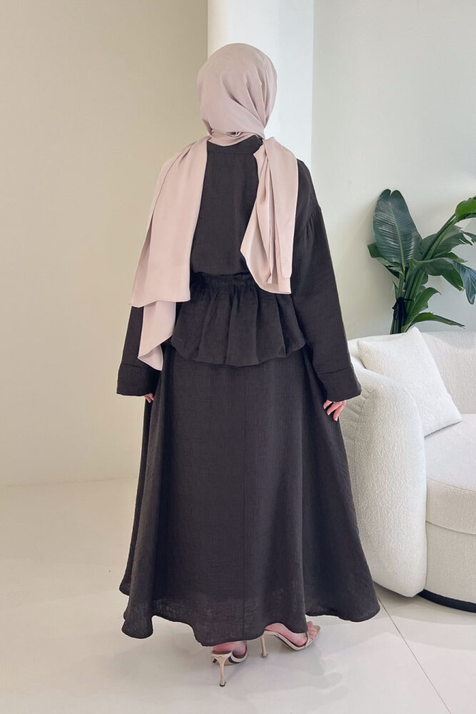 İnci Düğme Detaylı Etek Takım - Kahverengi - 8