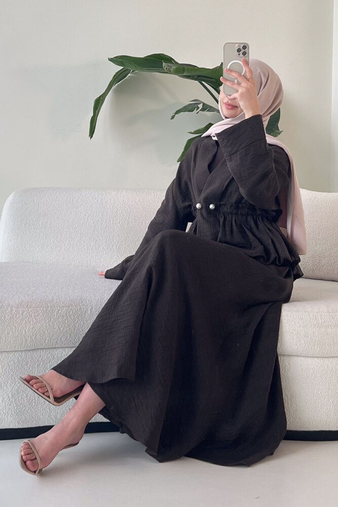 İnci Düğme Detaylı Etek Takım - Kahverengi - 5