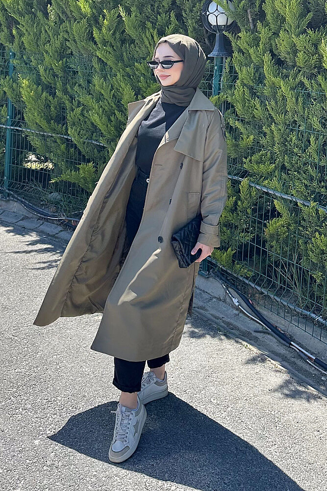 Jennie Klasik Kemerli Trençkot - Haki - 9