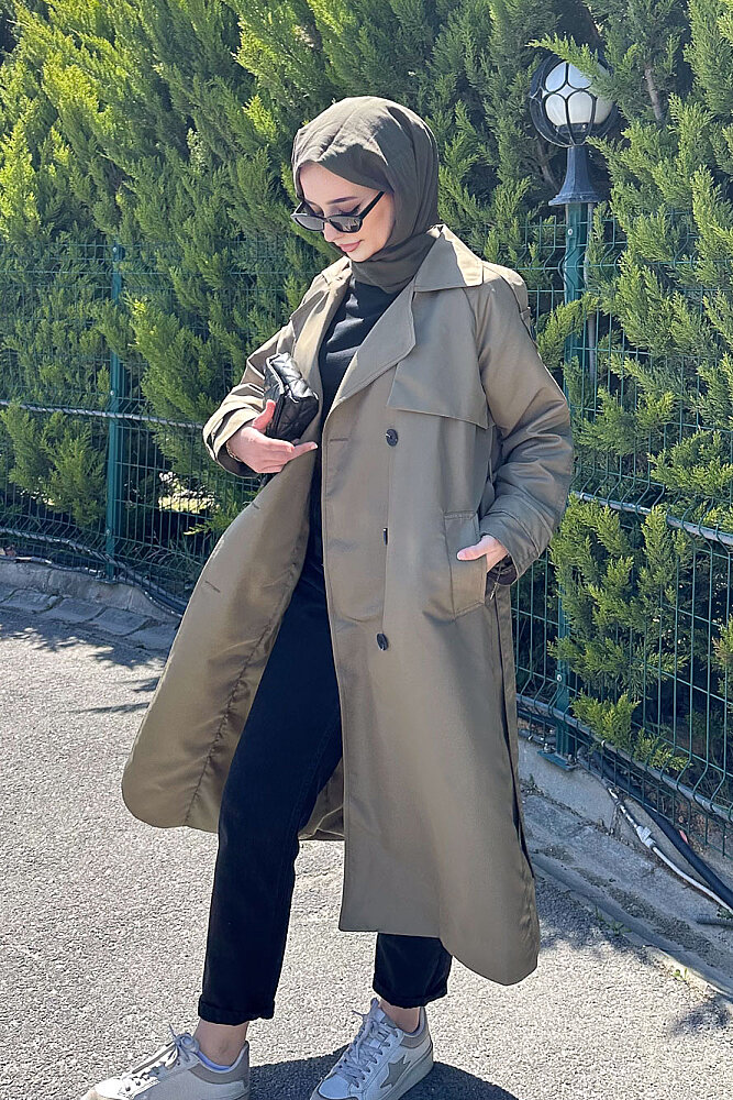 Jennie Klasik Kemerli Trençkot - Haki - 2