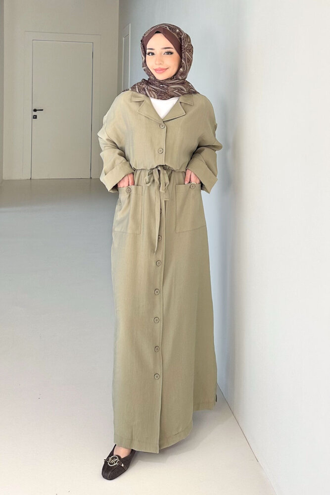 Jisoo Tünel Detaylı Oversize Gömlek Elbise - Haki - 4