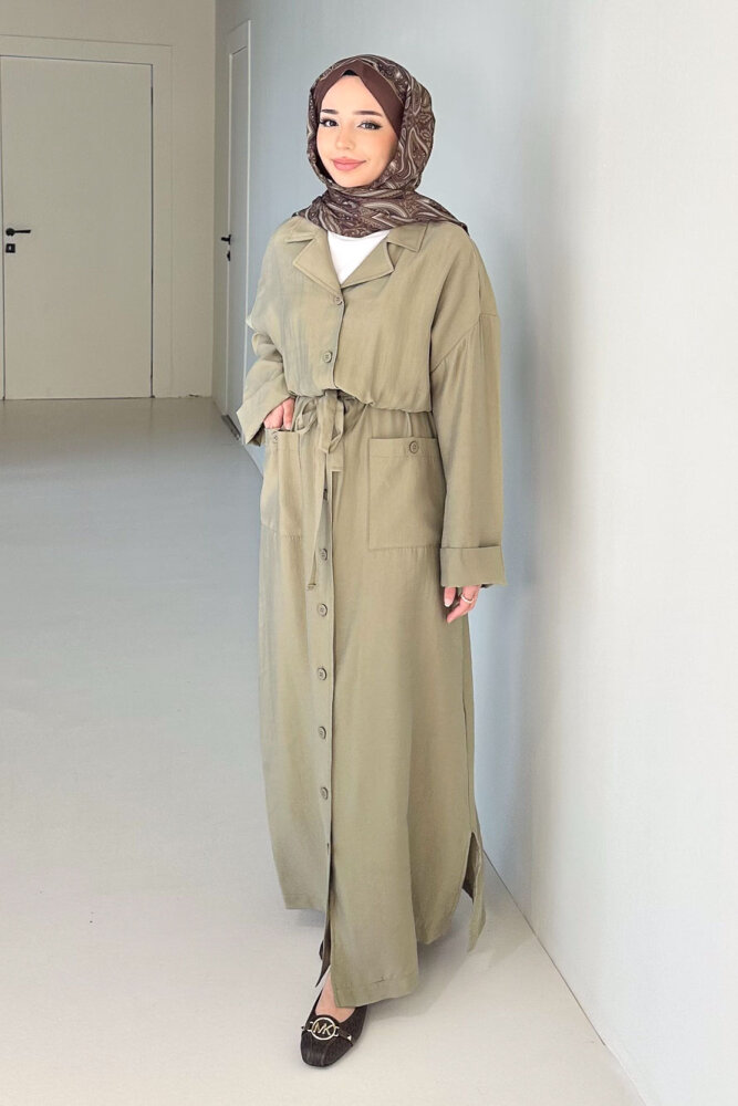 Jisoo Tünel Detaylı Oversize Gömlek Elbise - Haki - 1