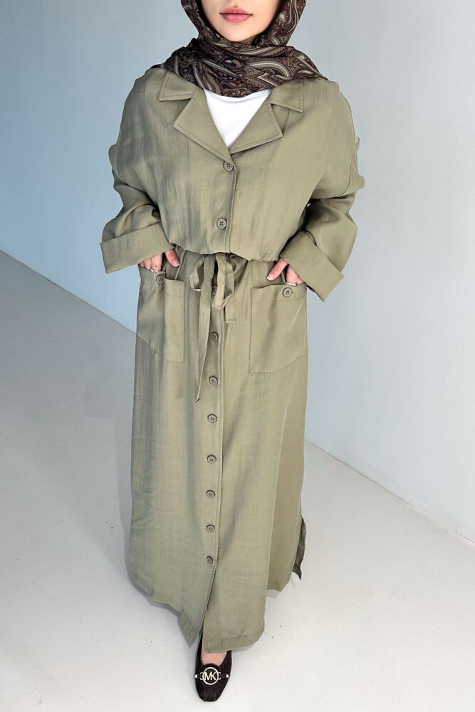 Jisoo Tünel Detaylı Oversize Gömlek Elbise - Haki - 3