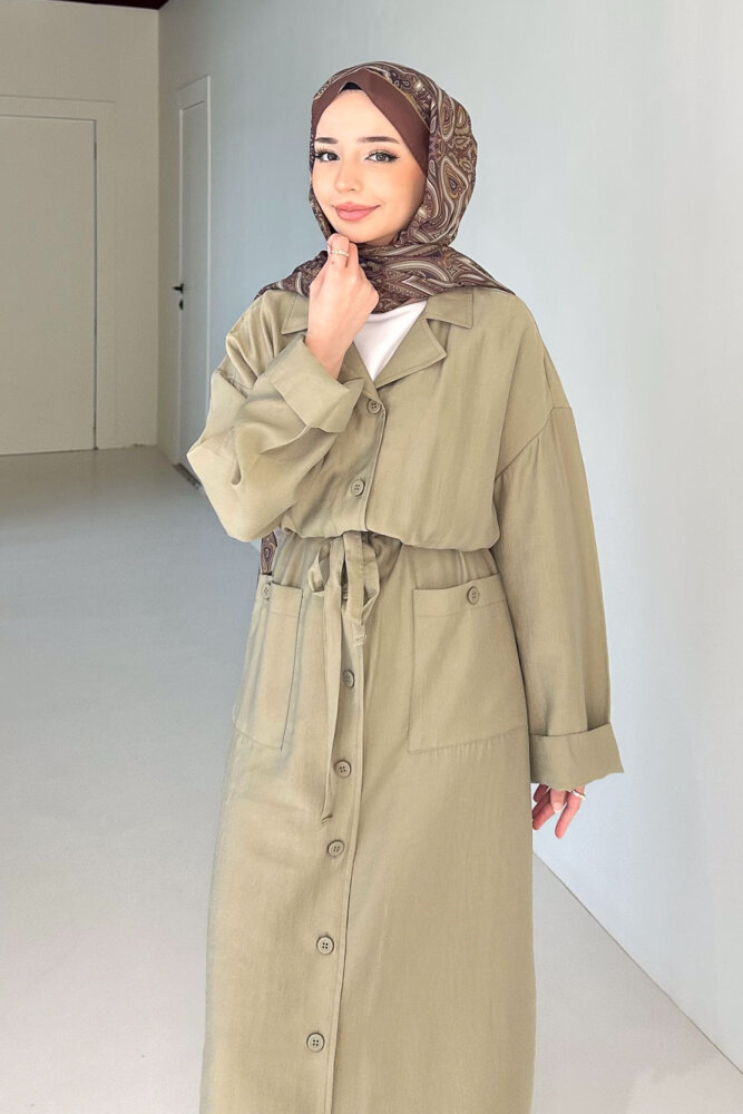 Jisoo Tünel Detaylı Oversize Gömlek Elbise - Haki - 5