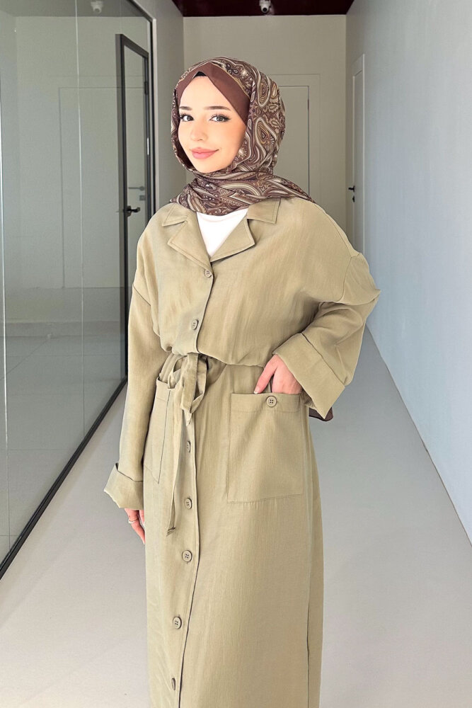 Jisoo Tünel Detaylı Oversize Gömlek Elbise - Haki - İKOL (1)