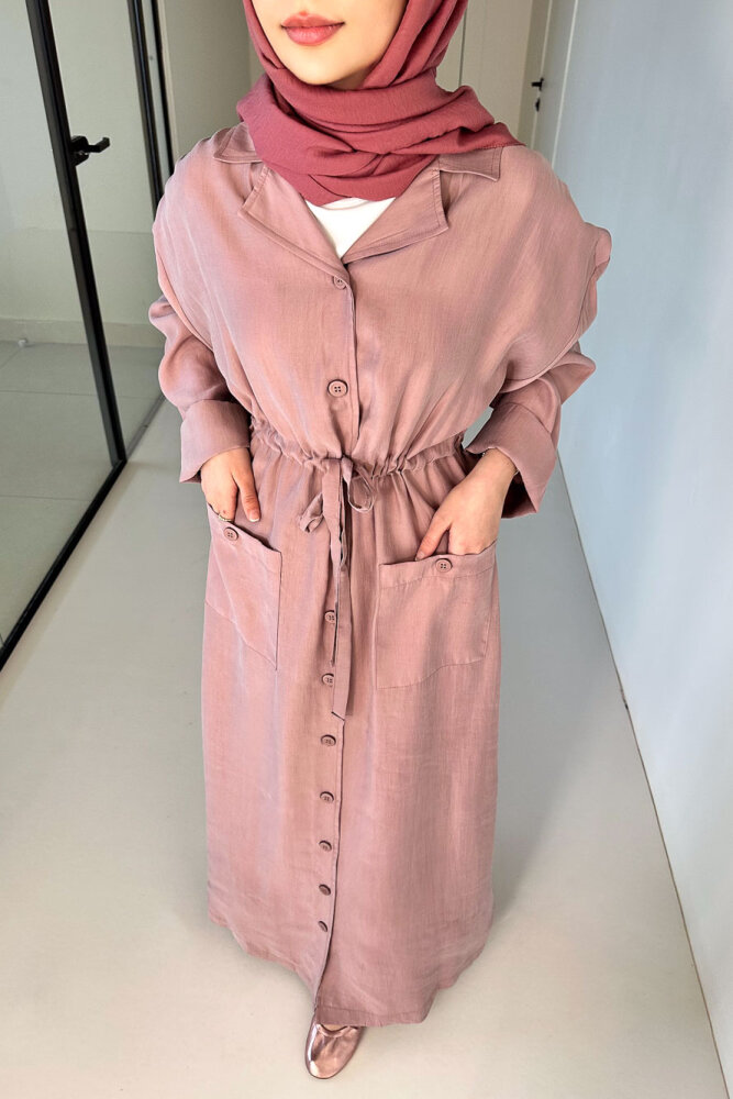 Jisoo Tünel Detaylı Oversize Gömlek Elbise - Pudra - İKOL (1)