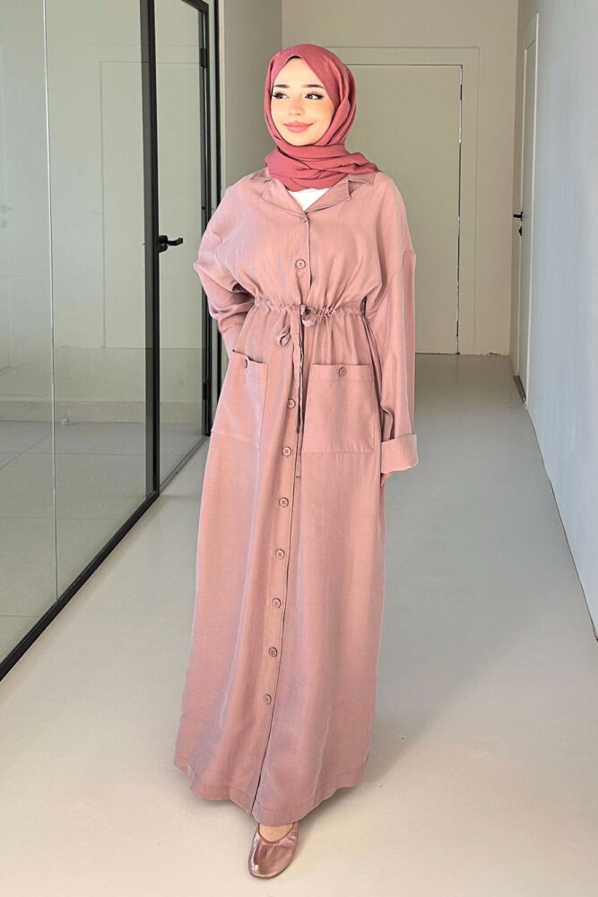 Jisoo Tünel Detaylı Oversize Gömlek Elbise - Pudra - İKOL (0)