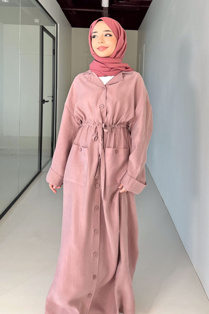 Jisoo Tünel Detaylı Oversize Gömlek Elbise - Pudra - İKOL (4)