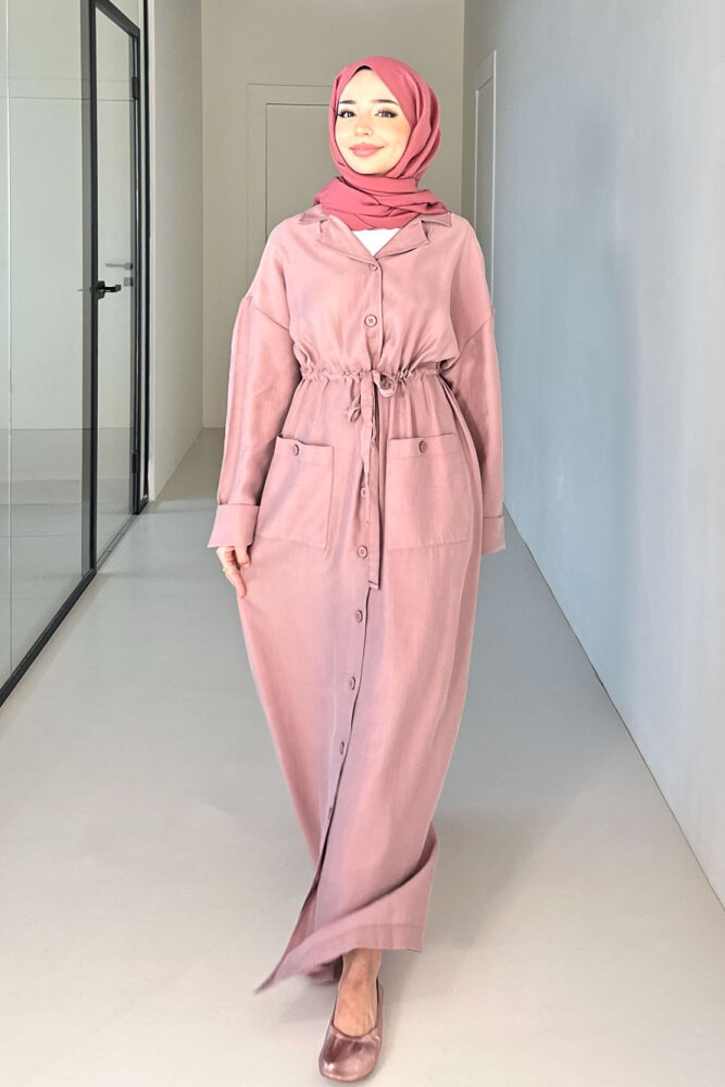 Jisoo Tünel Detaylı Oversize Gömlek Elbise - Pudra - 4