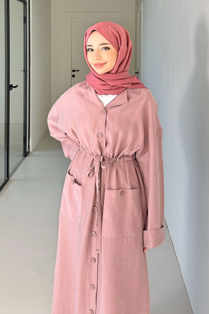 Jisoo Tünel Detaylı Oversize Gömlek Elbise - Pudra - 3