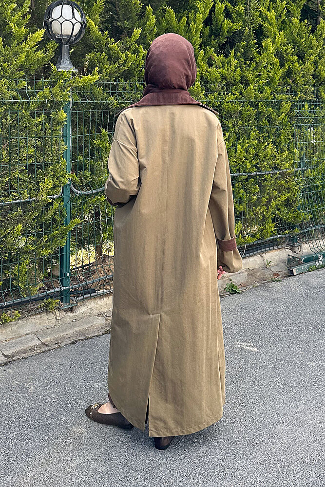 Kadife Yaka Detaylı Trençkot - Haki - ALLMİSS (4)