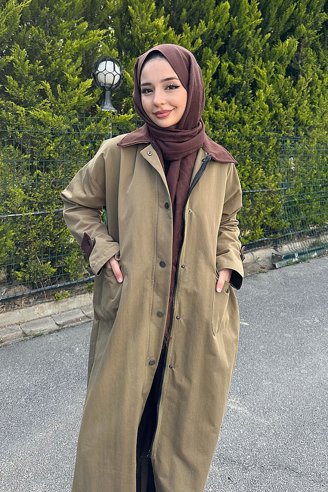 Kadife Yaka Detaylı Trençkot - Haki - 2