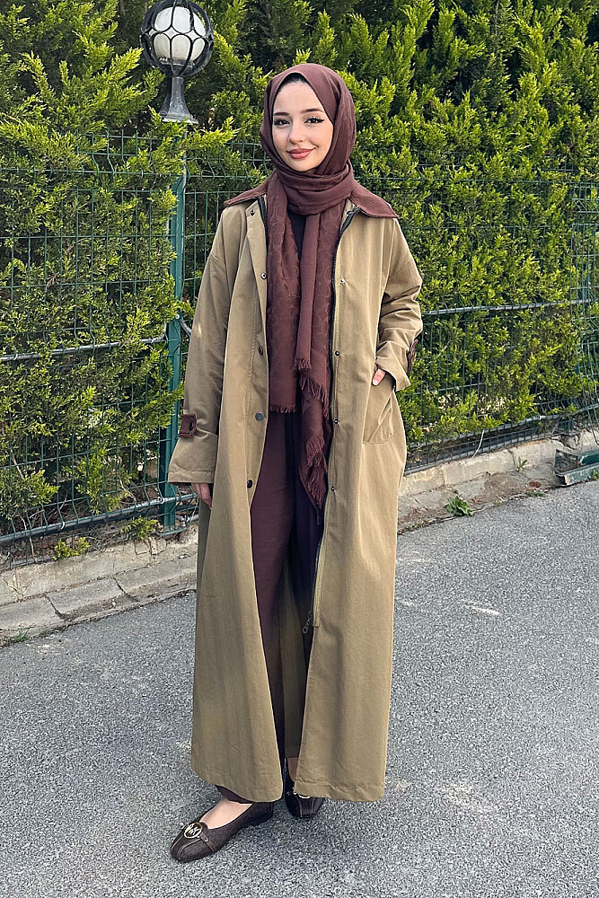 Kadife Yaka Detaylı Trençkot - Haki - 6