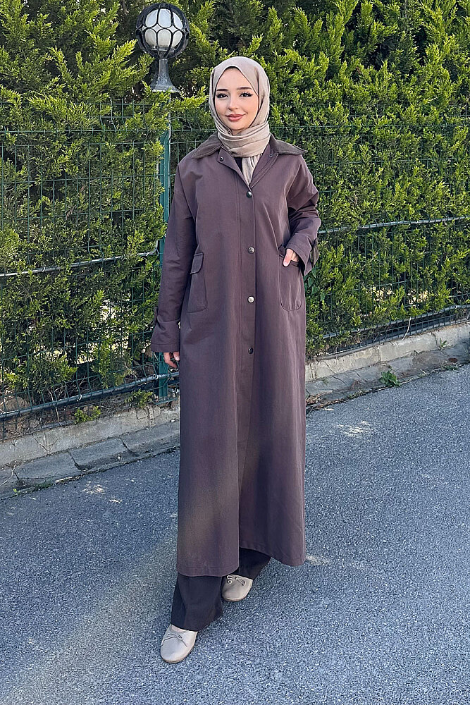 Kadife Yaka Detaylı Trençkot - Kahverengi - 4