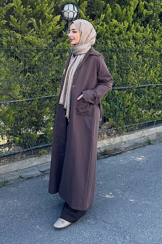 Kadife Yaka Detaylı Trençkot - Kahverengi - 6