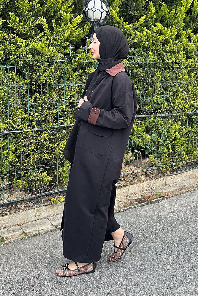 Kadife Yaka Detaylı Trençkot - Siyah - 4