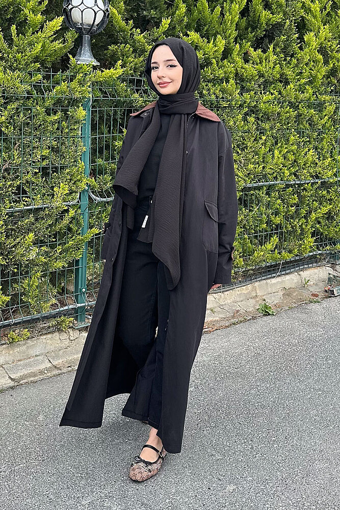 Kadife Yaka Detaylı Trençkot - Siyah - ALLMİSS (0)