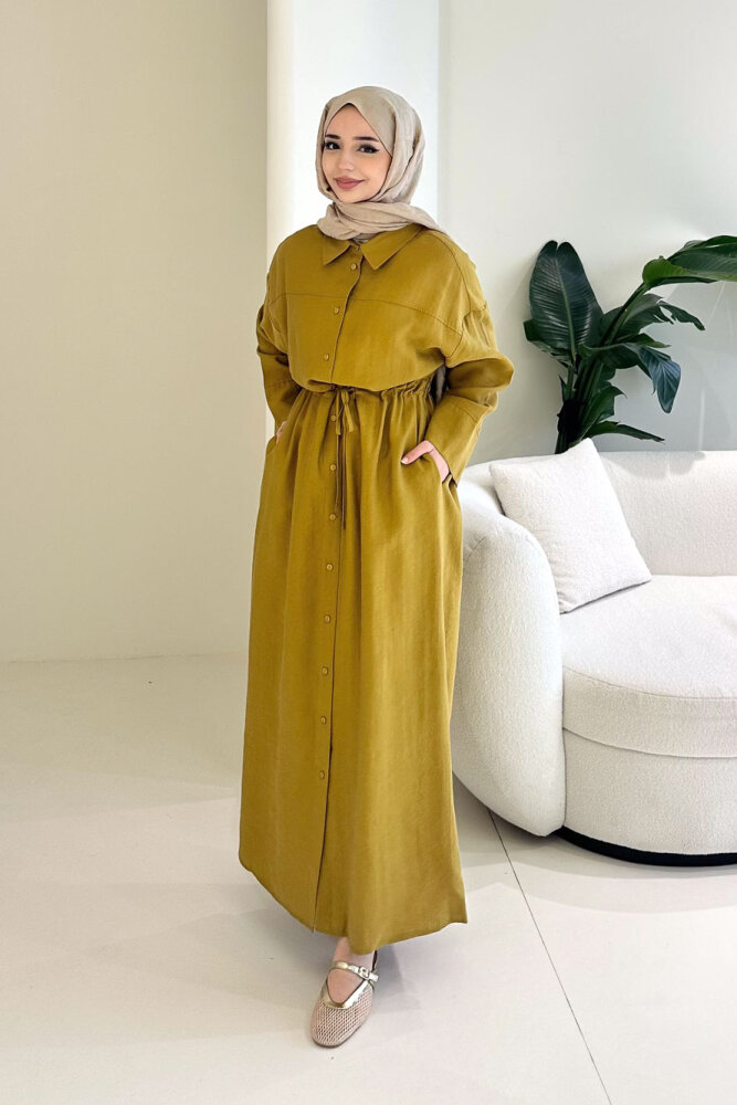 Kai Tünel Detaylı Elbise - Hardal Sarısı - 1