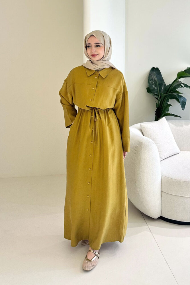Kai Tünel Detaylı Elbise - Hardal Sarısı - İKOL (4)