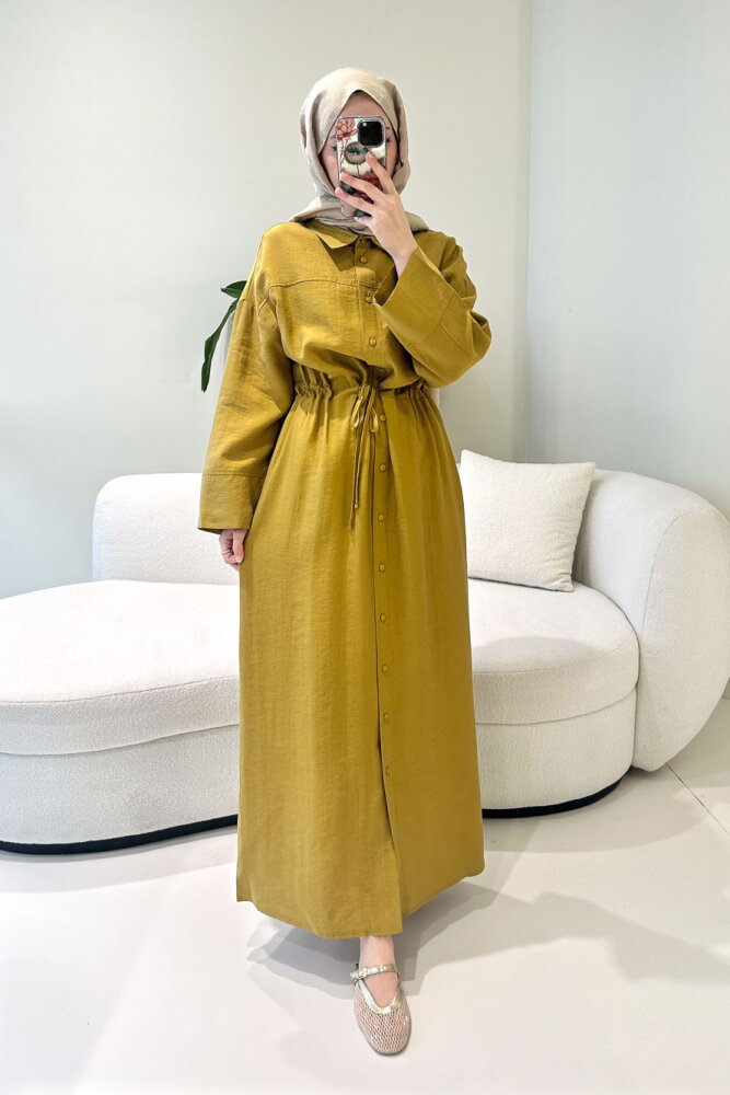 Kai Tünel Detaylı Elbise - Hardal Sarısı - İKOL (1)