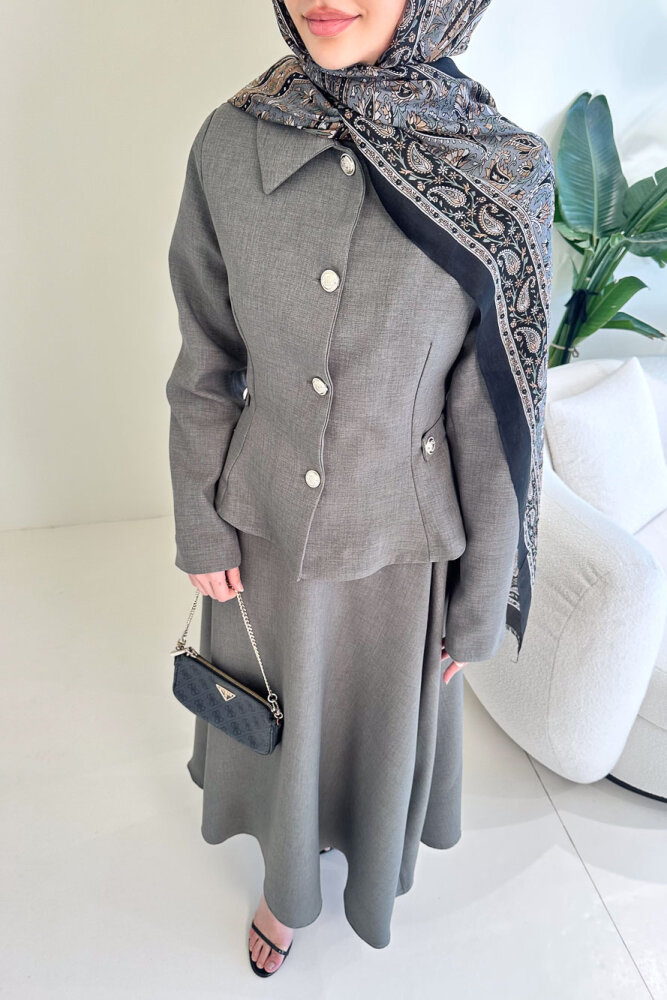 Kaira Gold Düğmeli Etekli Takım - Antrasit - 5