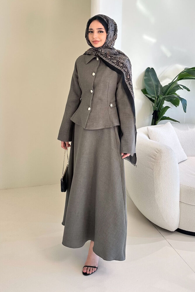 Kaira Gold Düğmeli Etekli Takım - Antrasit - 4