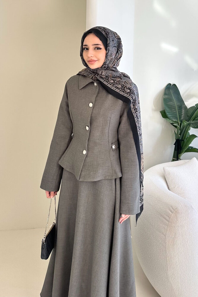 Kaira Gold Düğmeli Etekli Takım - Antrasit - 2