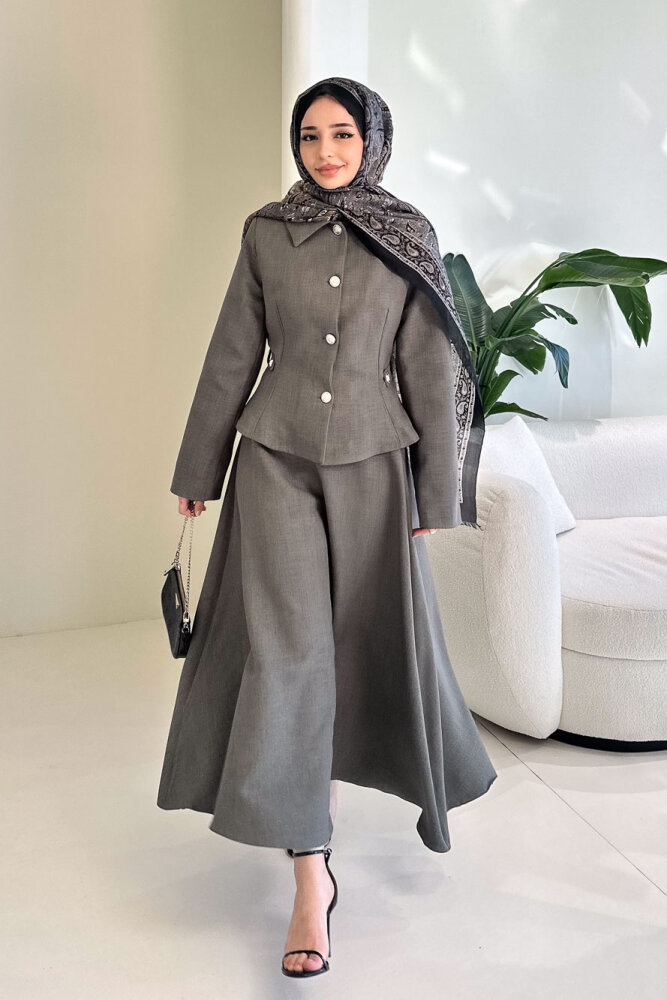 Kaira Gold Düğmeli Etekli Takım - Antrasit - 1