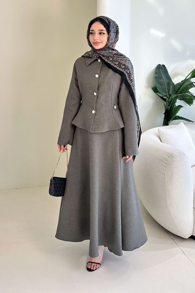 Kaira Gold Düğmeli Etekli Takım - Antrasit - 6