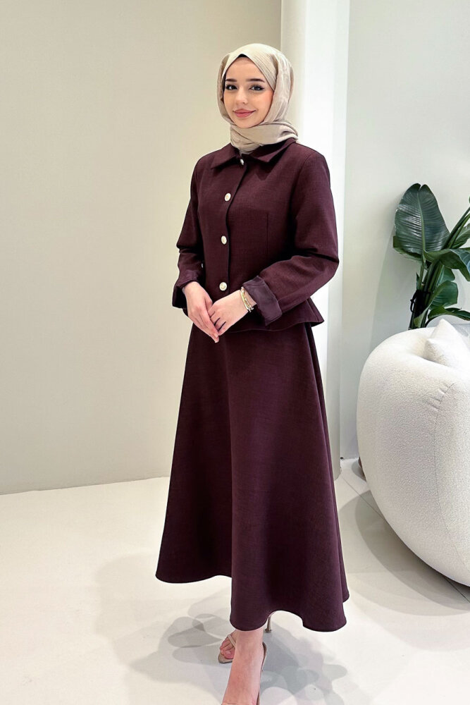 Kaira Gold Düğmeli Etekli Takım - Bordo - 7