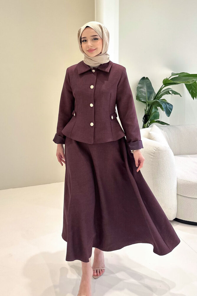 Kaira Gold Düğmeli Etekli Takım - Bordo - 1