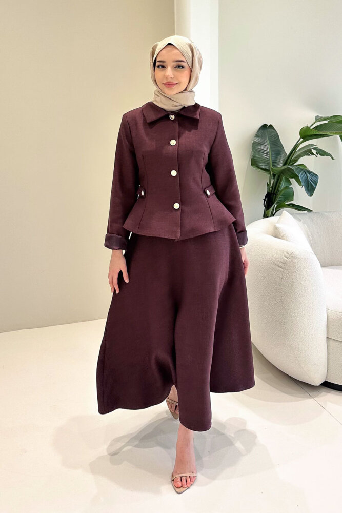 Kaira Gold Düğmeli Etekli Takım - Bordo - 4