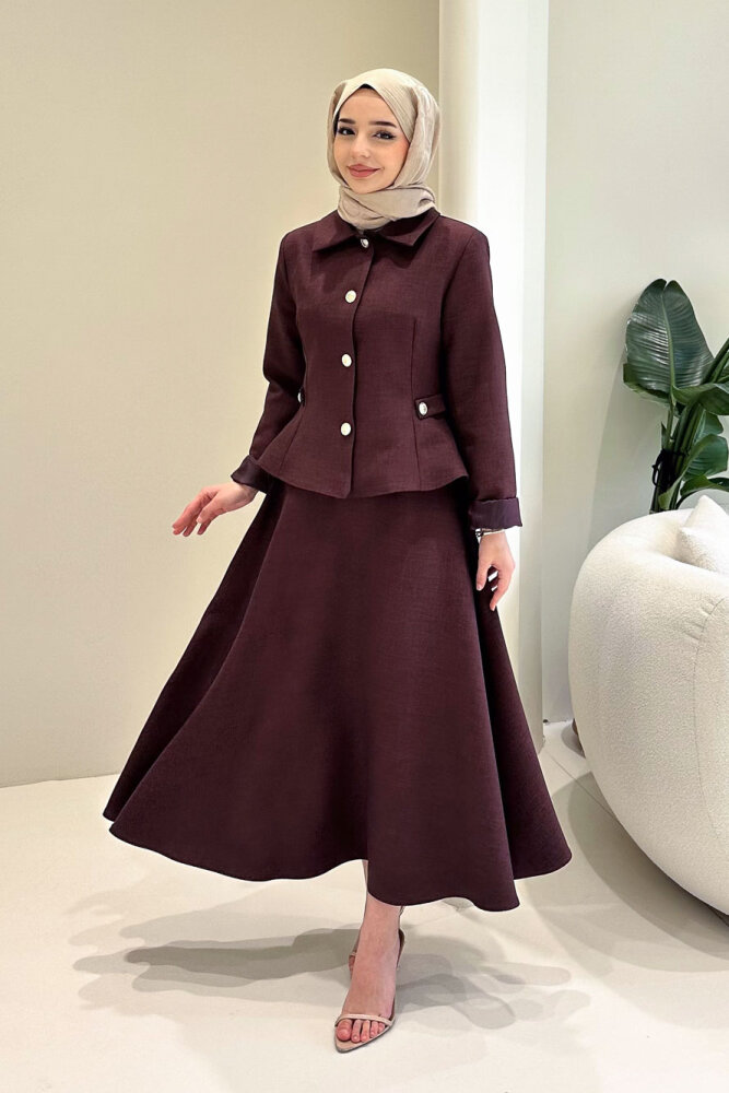Kaira Gold Düğmeli Etekli Takım - Bordo - LİNE (5)