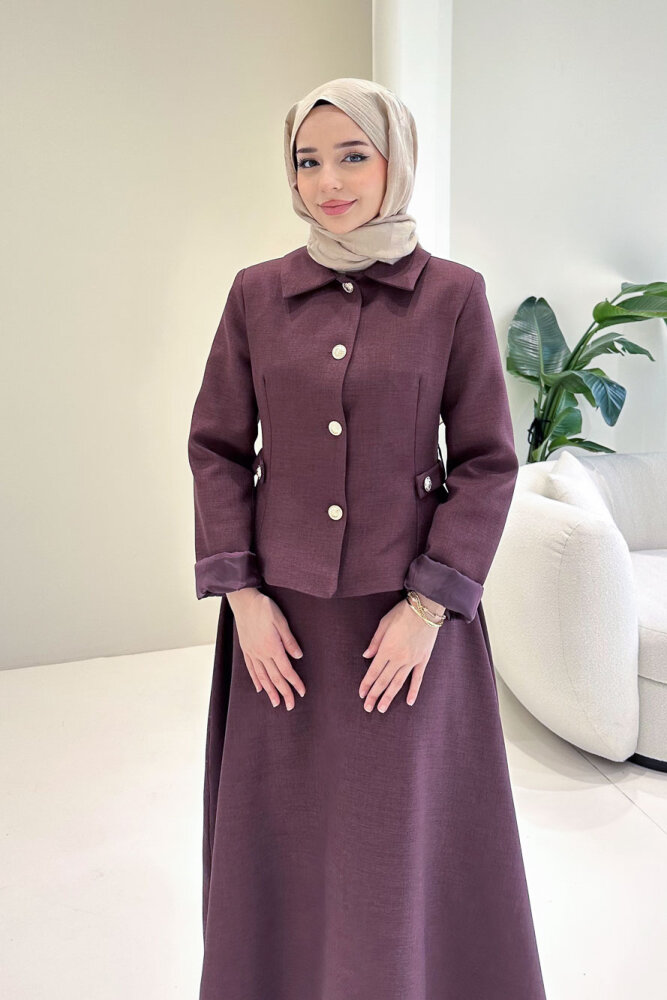 Kaira Gold Düğmeli Etekli Takım - Bordo - 2