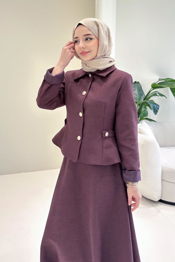 Kaira Gold Düğmeli Etekli Takım - Bordo - 8