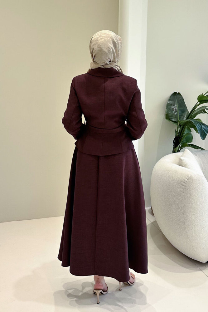 Kaira Gold Düğmeli Etekli Takım - Bordo - 10