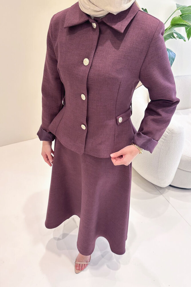 Kaira Gold Düğmeli Etekli Takım - Bordo - LİNE (2)