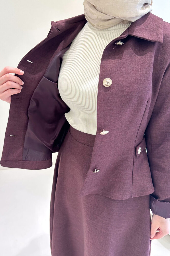 Kaira Gold Düğmeli Etekli Takım - Bordo - 9