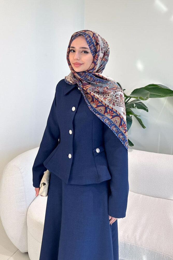 Kaira Gold Düğmeli Etekli Takım - Lacivert - 2