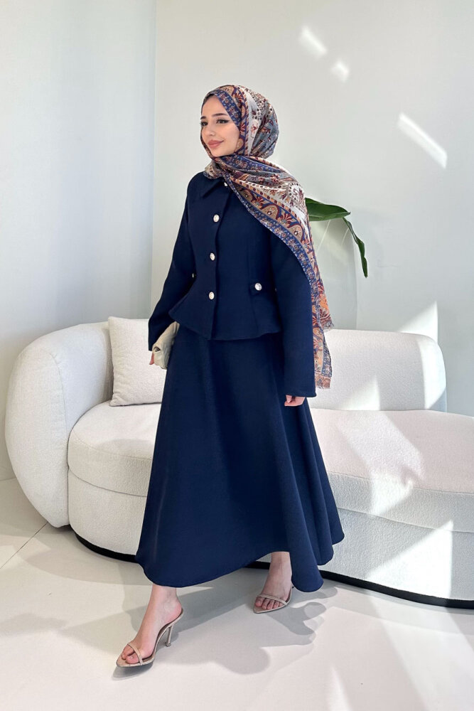 Kaira Gold Düğmeli Etekli Takım - Lacivert - 7
