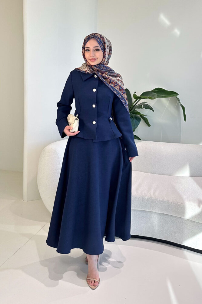 Kaira Gold Düğmeli Etekli Takım - Lacivert - 5