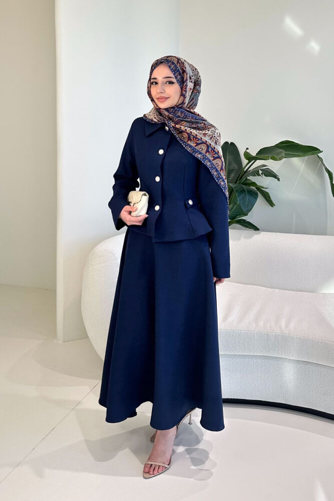 Kaira Gold Düğmeli Etekli Takım - Lacivert - 1