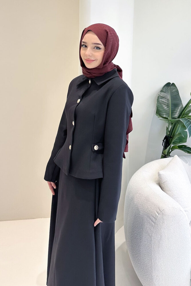 Kaira Gold Düğmeli Etekli Takım - Siyah - 7