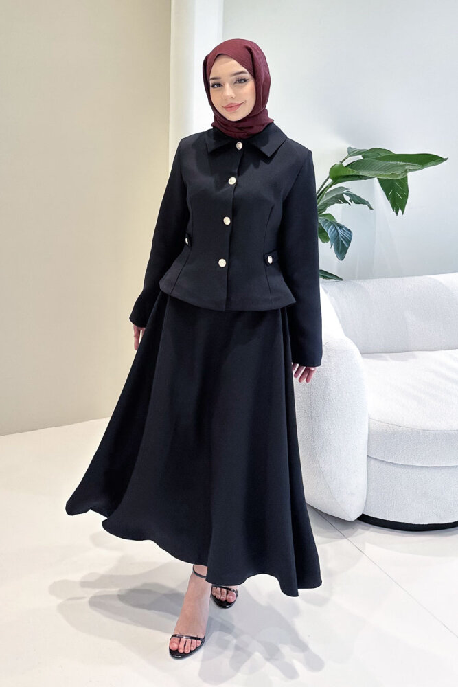 Kaira Gold Düğmeli Etekli Takım - Siyah - 1