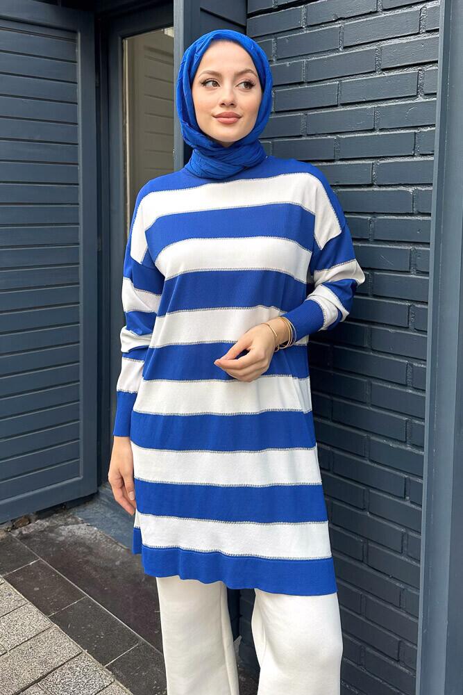 Kalın Çizgili Triko - Saks Mavisi - PUANE (3)