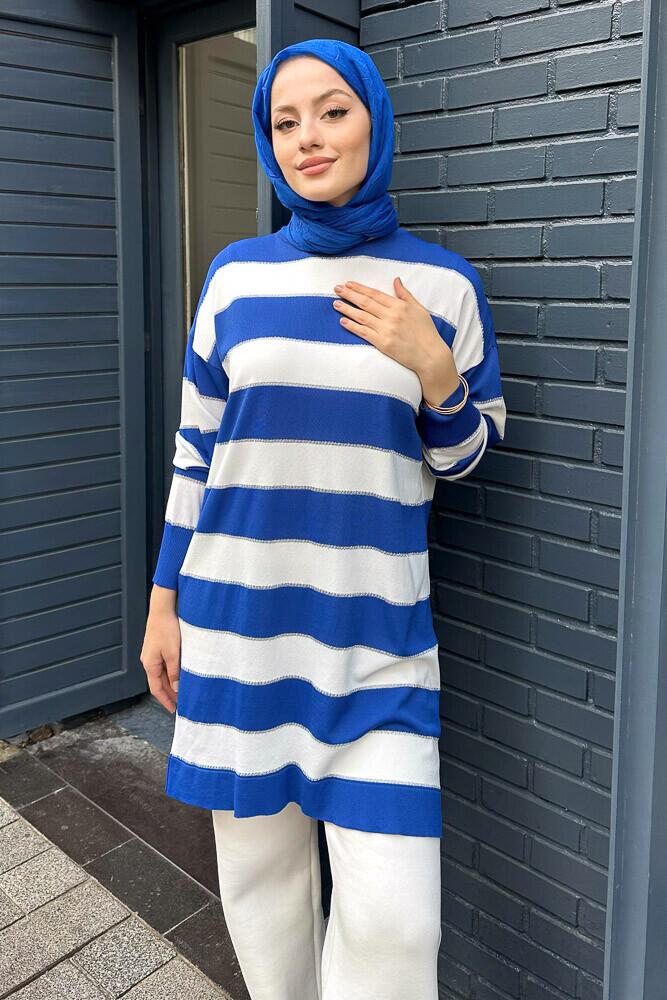 Kalın Çizgili Triko - Saks Mavisi - PUANE (5)