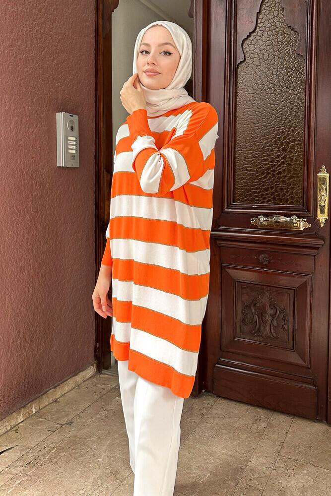 Kalın Çizgili Triko - Turuncu - 2