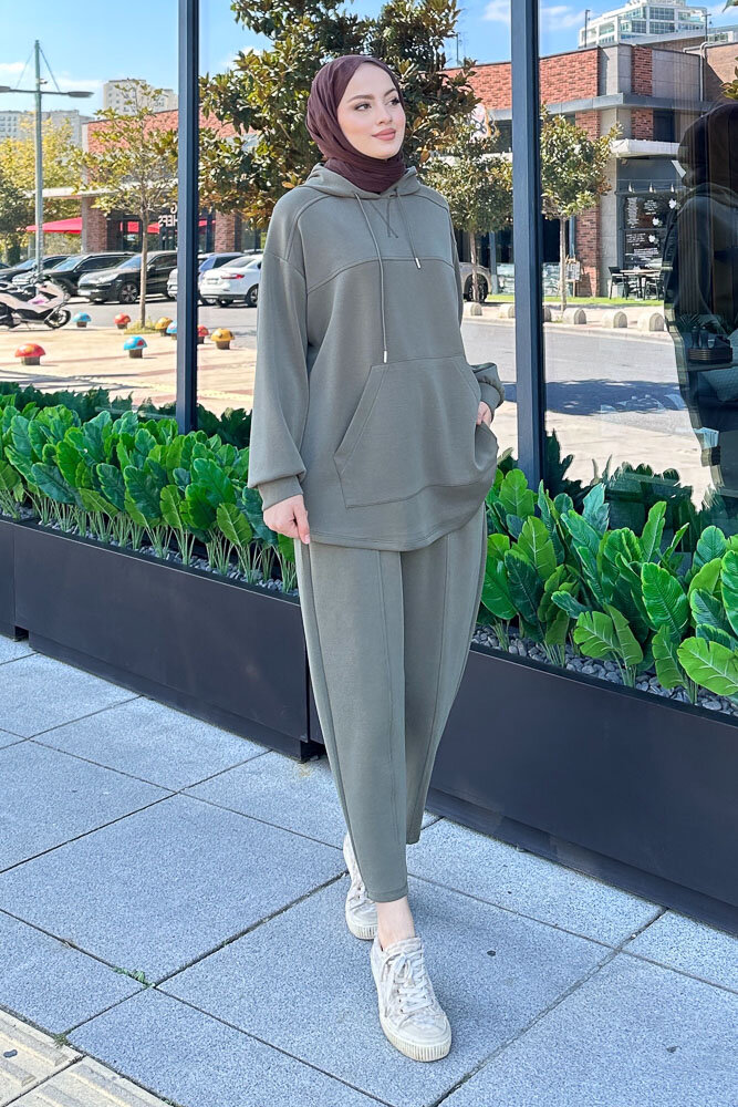 Kanguru Cepli Kesik Detaylı Takım - Haki - İKOL (2)